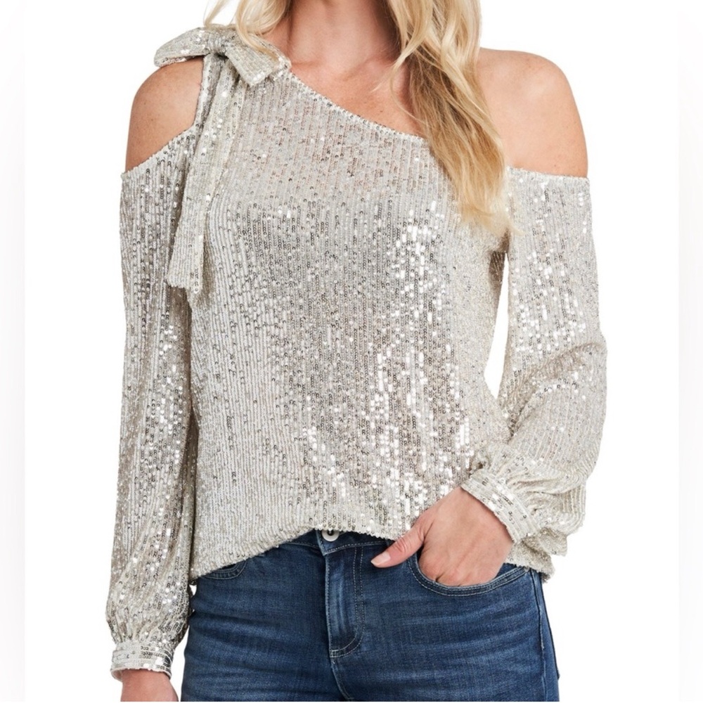 CeCe Glittering Silver One-Shoulder Blouse